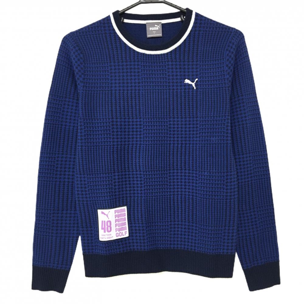 【新品】プーマ セーター ネイビー×ダークネイビー 総柄 ロゴ刺しゅう ニット レディース M ゴルフウェア PUMA