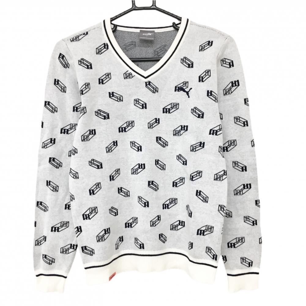 【美品】プーマ セーター ライトグレー×黒 総柄 ロゴ刺しゅう ニット レディース L ゴルフウェア PUMA