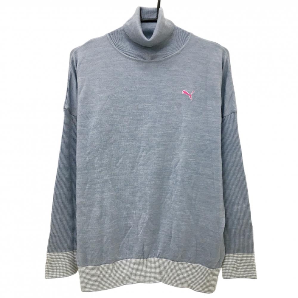 【美品】プーマ ハイネックセーター グレー×白 袖・裾ボーダー 袖リブ織 ニット 日本製 ウール混 レディース L ゴルフウェア PUMA
