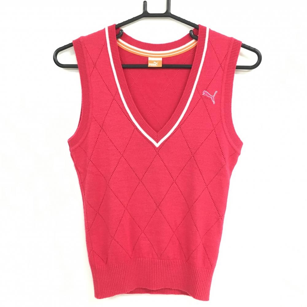 プーマ ニットベスト レッドピンク×白 ダイヤ柄 Vネック 胸元ロゴ レディース S ゴルフウェア PUMA