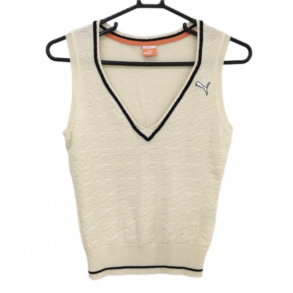 【美品】プーマ ニットベスト アイボリー×黒 前面総柄編み ウール100％ レディース S ゴルフウェア PUMA