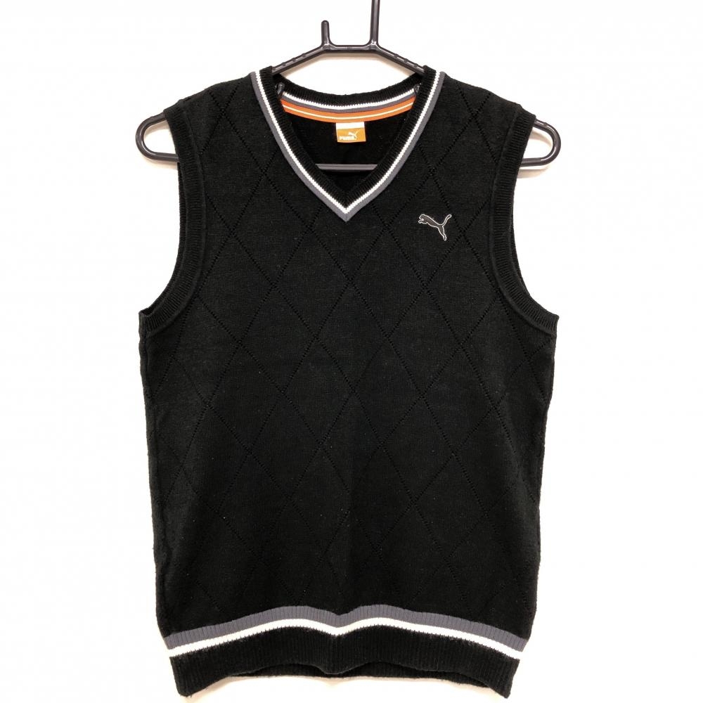 プーマ ニットベスト 黒×白 ダイヤ柄編み ウール混 Vネック レディース M ゴルフウェア PUMA
