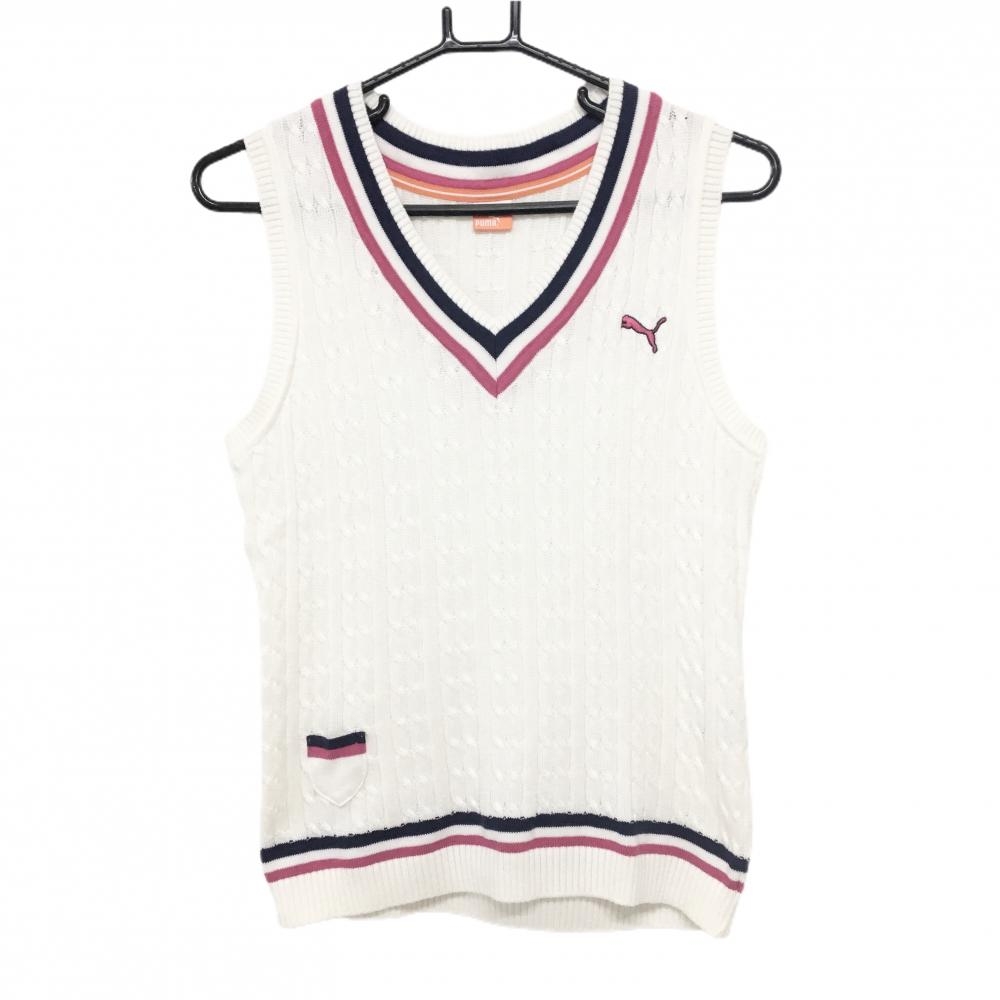 【超美品】プーマ ニットベスト 白×ピンク ケーブル編み ロゴ刺しゅう コットン混 レディース O ゴルフウェア PUMA