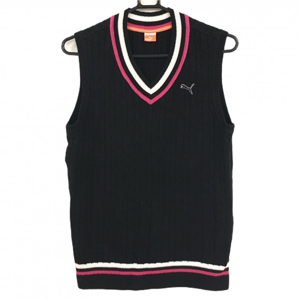 プーマ ニットベスト 黒×ピンク Vネック ケーブル編み  レディース M ゴルフウェア PUMA