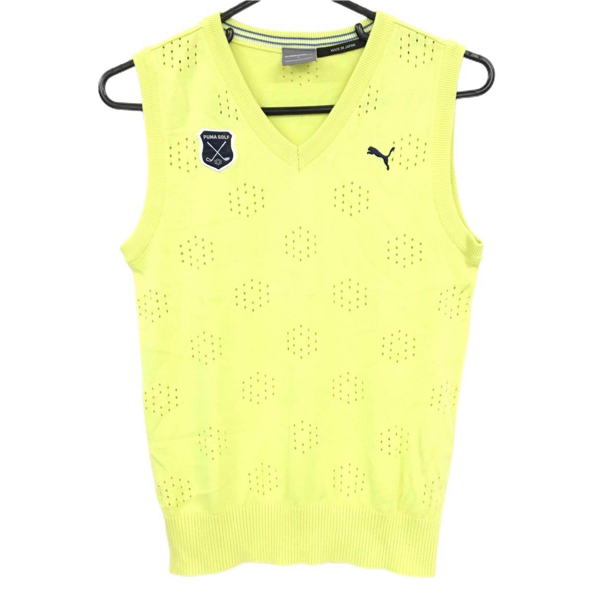 【美品】プーマ ニットベスト イエロー系×黒 ロゴ柄透かし編み 胸元ロゴ  レディース L ゴルフウェア PUMA