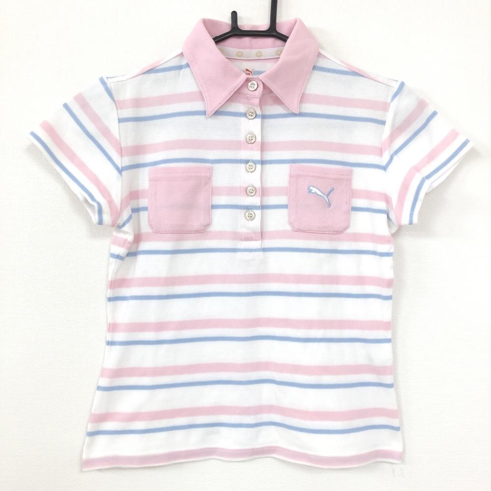 PUMA プーマ 半袖ポロシャツ 白×ライトピンク ボーダー 胸ポケット 総柄 レディース M ゴルフウェア 画像