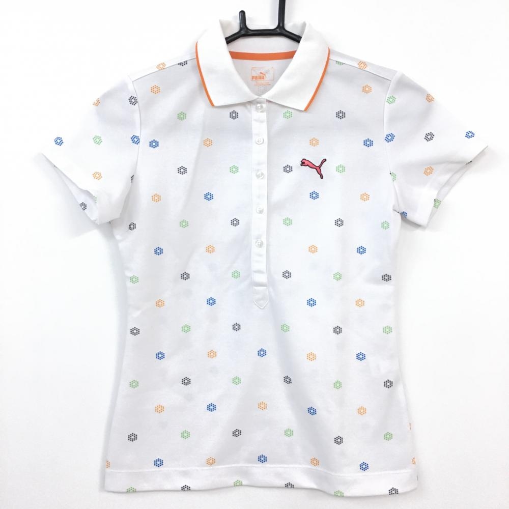 PUMA プーマ 半袖ポロシャツ 白×マルチカラー 総柄 レディース S ゴルフウェア