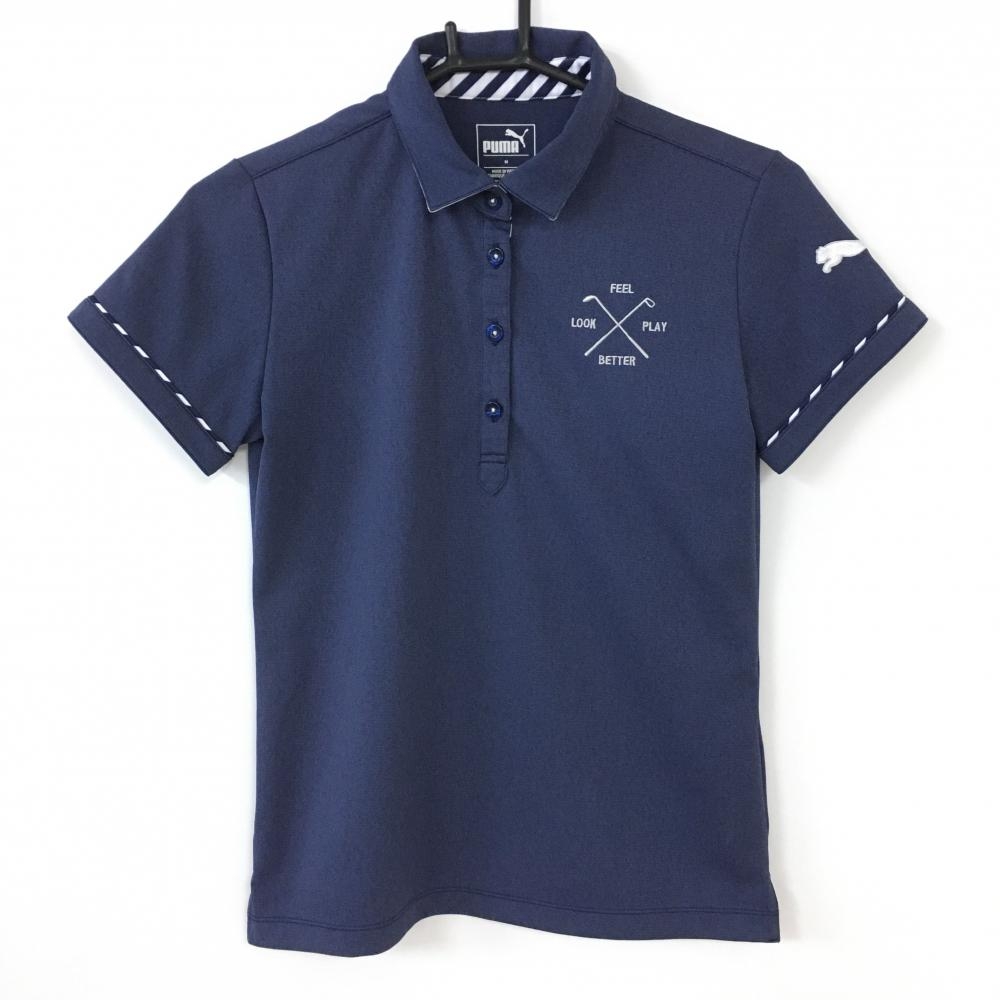 PUMA プーマ 半袖ポロシャツ ネイビー×白 襟裏ロゴ 一部斜めストライプ レディース M ゴルフウェア