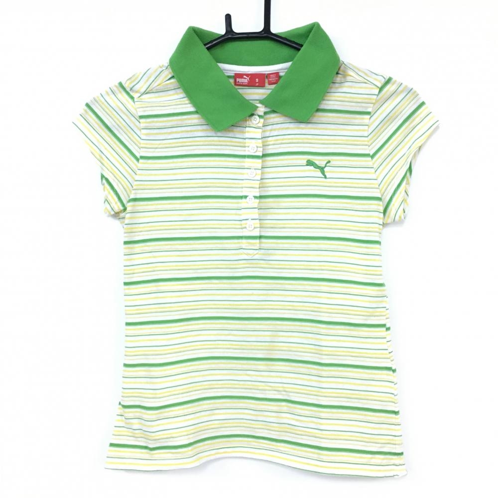 PUMA プーマ 半袖ポロシャツ 白×グリーン×イエロー ボーダー コットン混 ロゴ刺繡 レディース S ゴルフウェア 画像