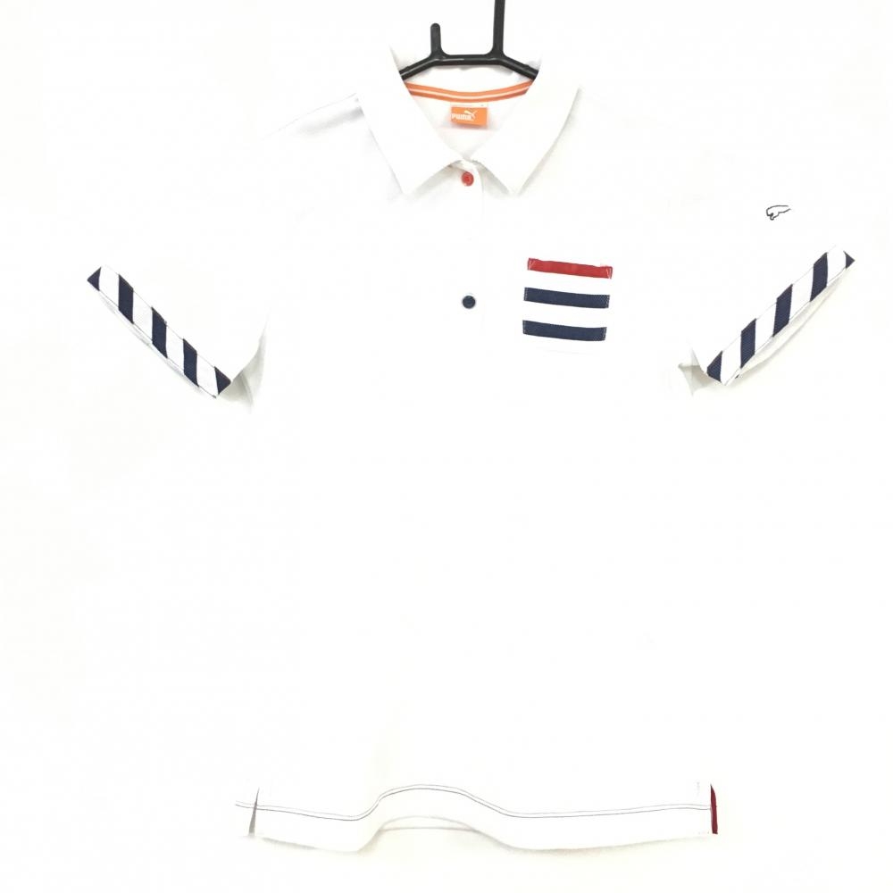 PUMA プーマ 半袖ポロシャツ 白×ネイビー 袖口斜めストライプ DRYCELL トリコロールボーダーポケット レディース M ゴルフウェア