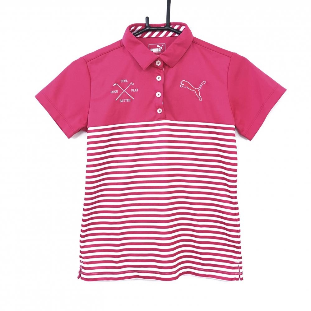 【超美品】PUMA プーマ 半袖ポロシャツ レッドピンク×白 ボーダー 襟内側斜めストライプ ビッグロゴ レディース M ゴルフウェア