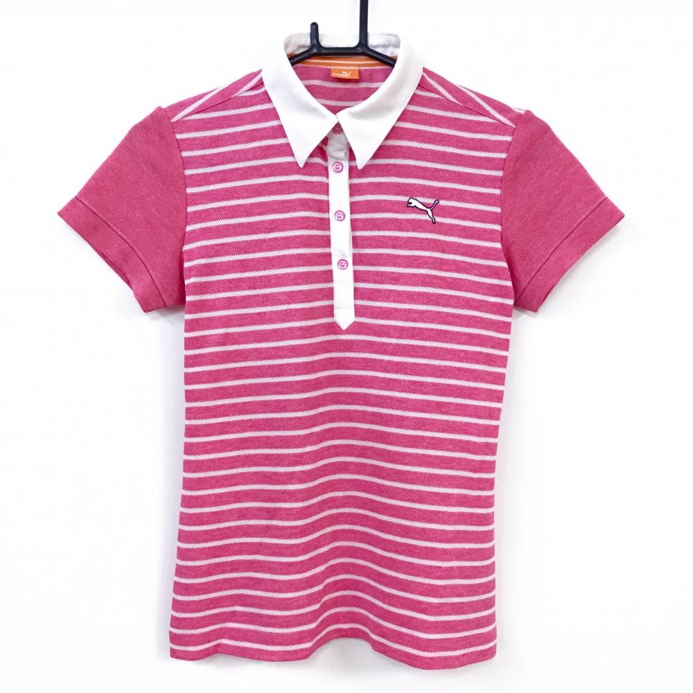 【美品】PUMA プーマ 半袖ポロシャツ ピンク×白 ボーダー柄 総柄 レディース Ｍ ゴルフウェア