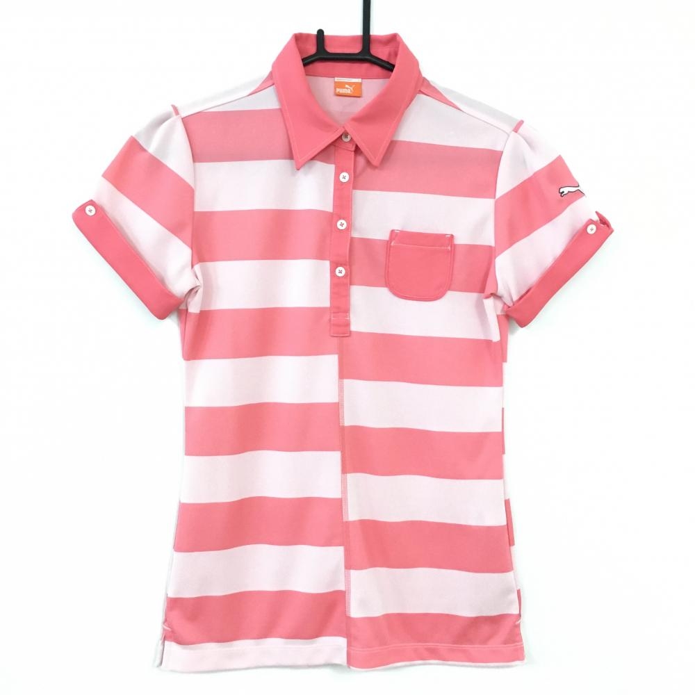 【美品】PUMA プーマ 半袖ポロシャツ ピンク×ライトピンク ボーダー 胸ポケット 背面うす汚れ レディース L ゴルフウェア