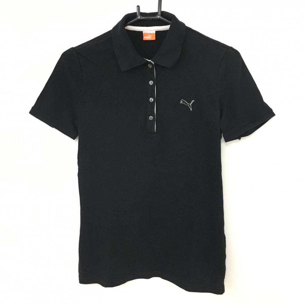 PUMA プーマ 半袖ポロシャツ 黒×白 襟裏ボーダー ロゴ刺しゅう シンプル レディース M ゴルフウェア