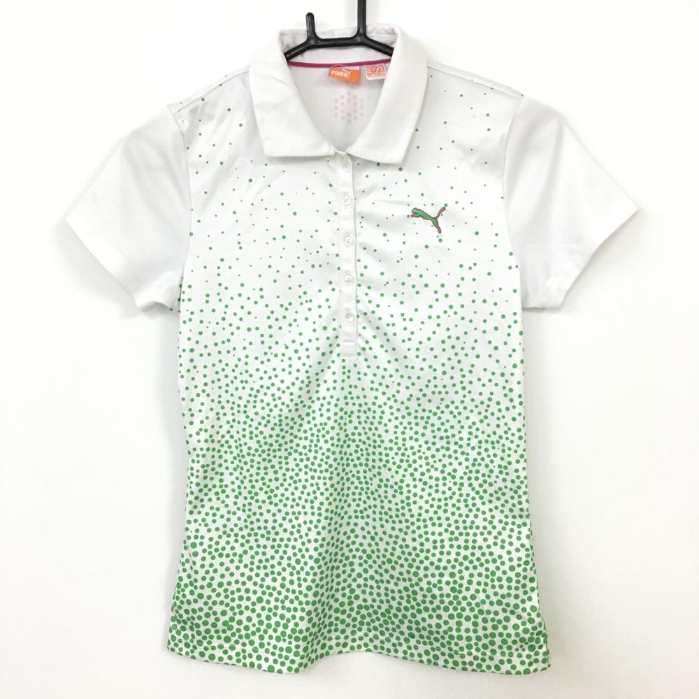 PUMA プーマ 半袖ポロシャツ 白×グリーン ドット柄  レディース S ゴルフウェア
