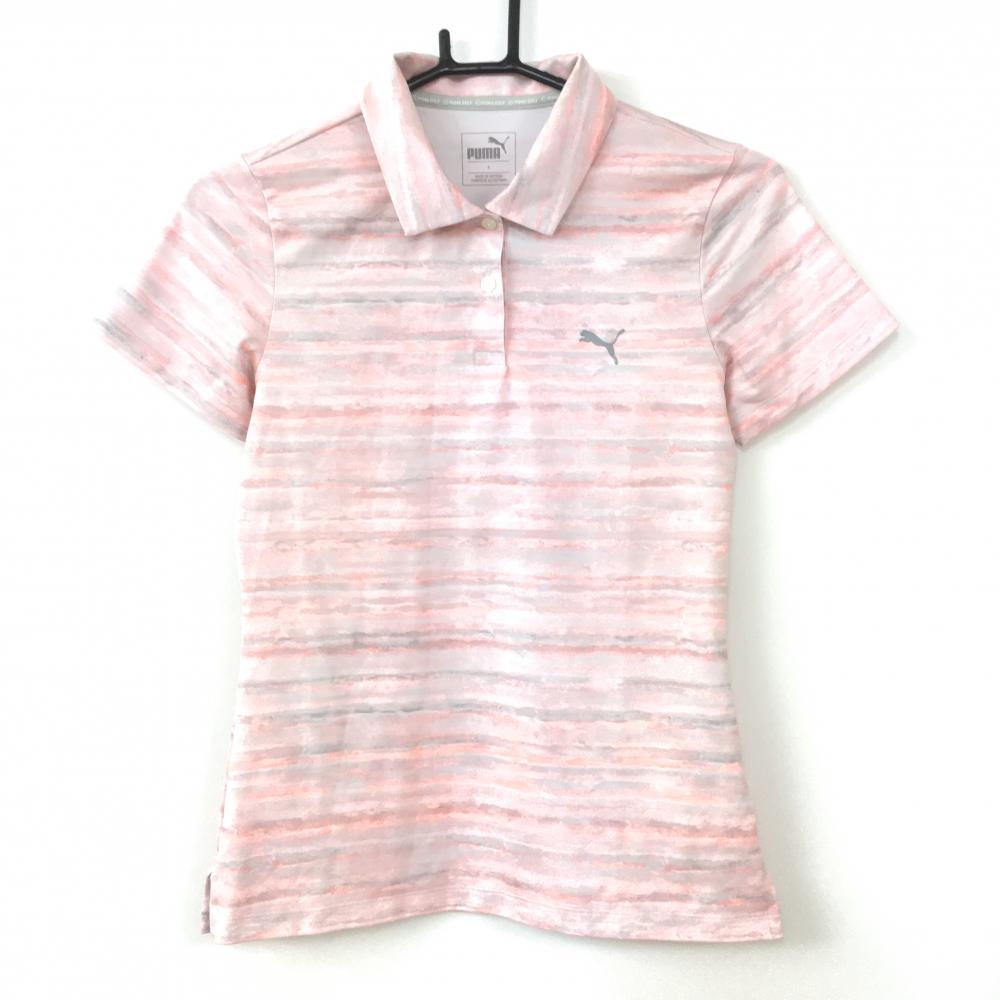 PUMA プーマ 半袖ポロシャツ ピンク×グレー 総柄 DRYCELL ストレッチ レディース S ゴルフウェア