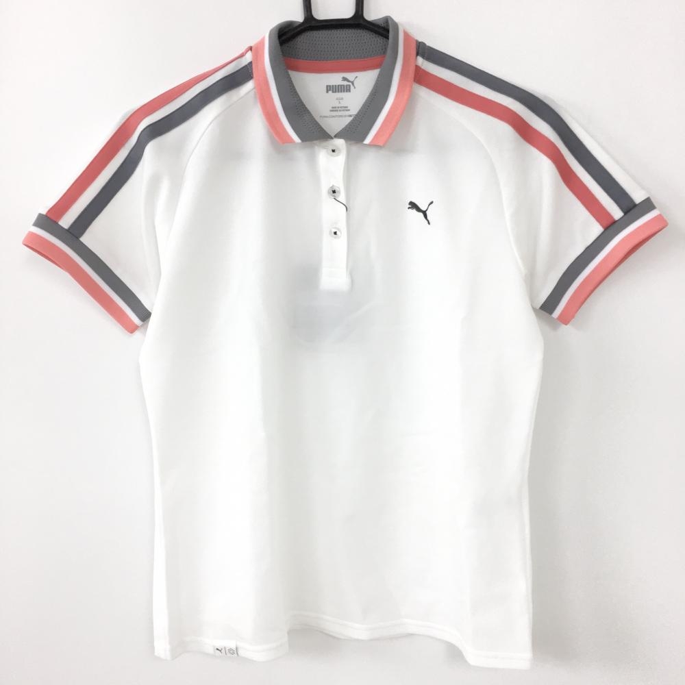 【新品】PUMA プーマ 半袖ポロシャツ 白×グレー×ピンク 襟メッシュ  レディース L ゴルフウェア