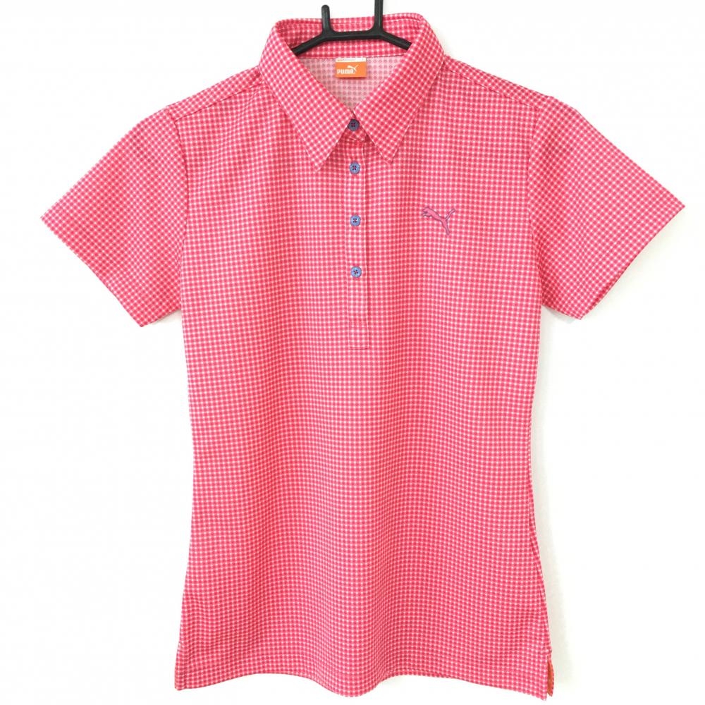 【超美品】PUMA プーマ 半袖ポロシャツ ピンク×白 ドット柄 総柄 レディース L ゴルフウェア