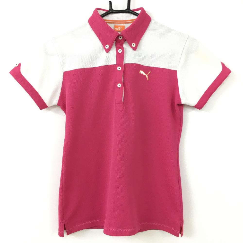 PUMA プーマ 半袖ポロシャツ ピンク×白 ボタンダウン 袖汚れ レディース M ゴルフウェア