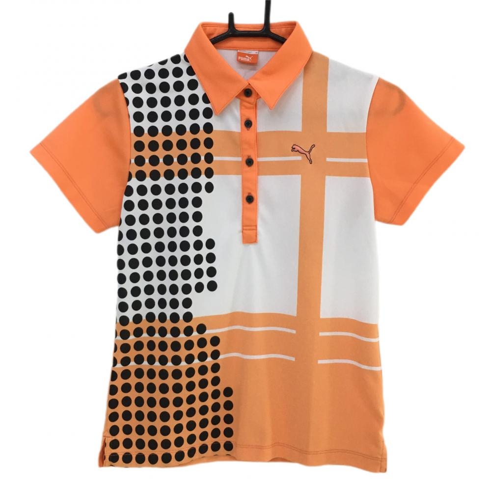 【美品】プーマ 半袖ポロシャツ オレンジ×黒 一部ドット  レディース M ゴルフウェア PUMA
