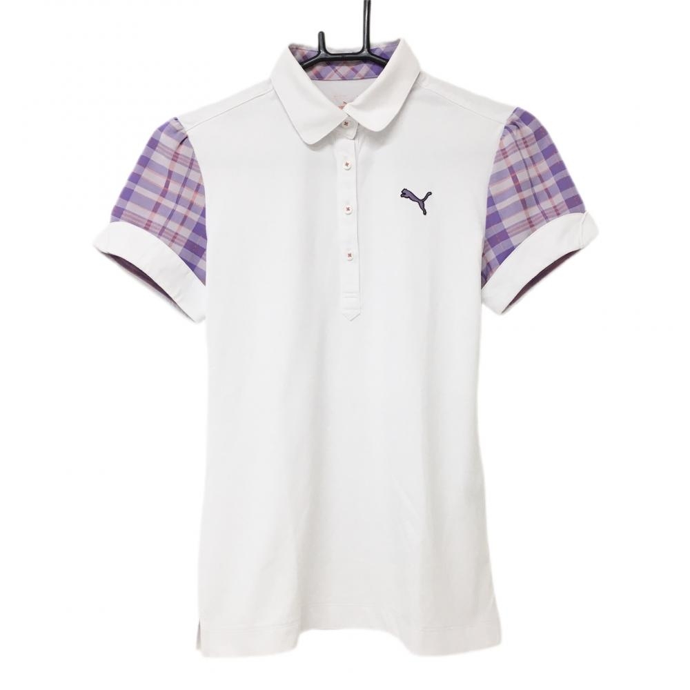 プーマ 半袖ポロシャツ 白×パープル 袖チェック DRYCELL レディース M ゴルフウェア PUMA