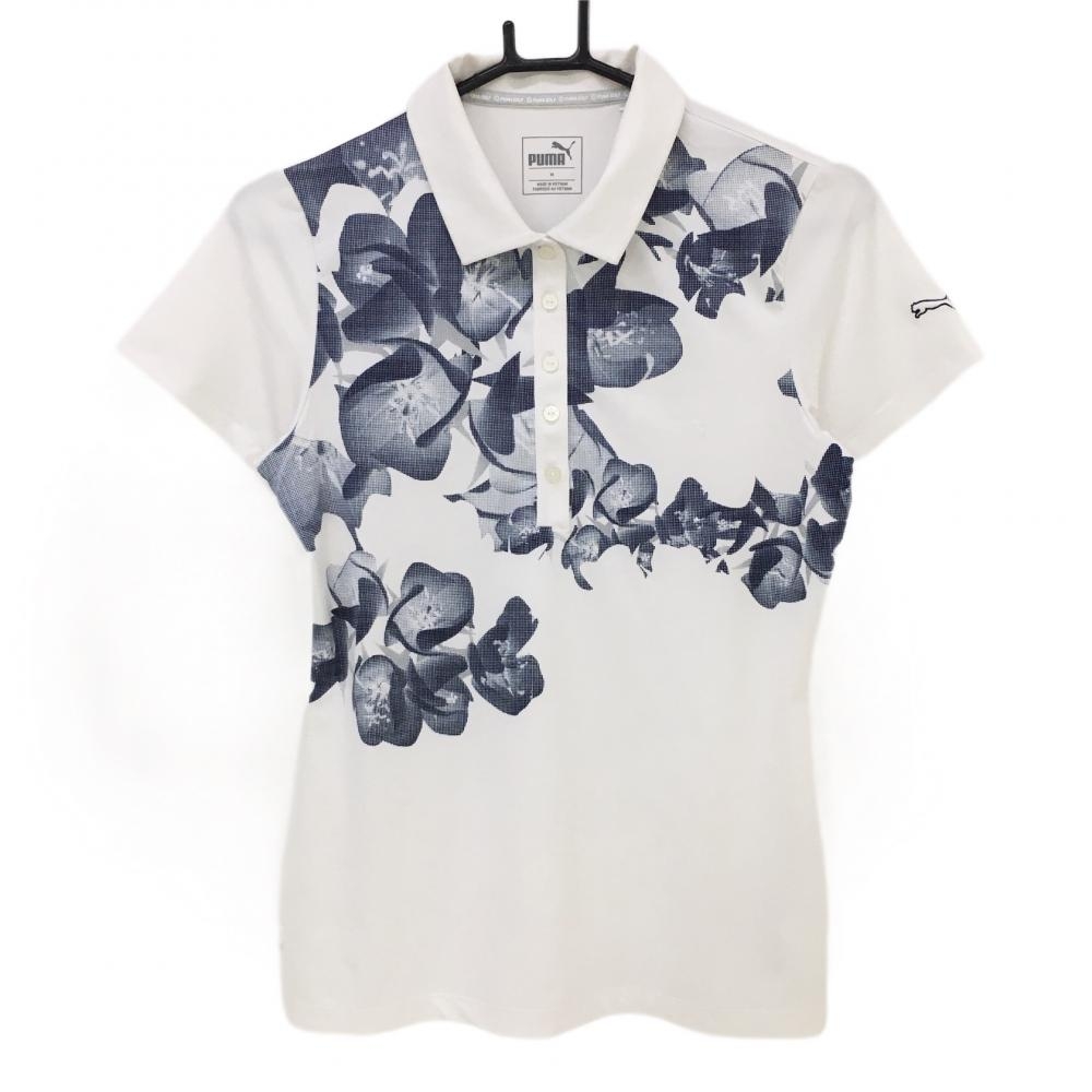 プーマ 半袖ポロシャツ 白×ネイビー 花柄 袖ロゴ刺しゅう レディース M ゴルフウェア PUMA