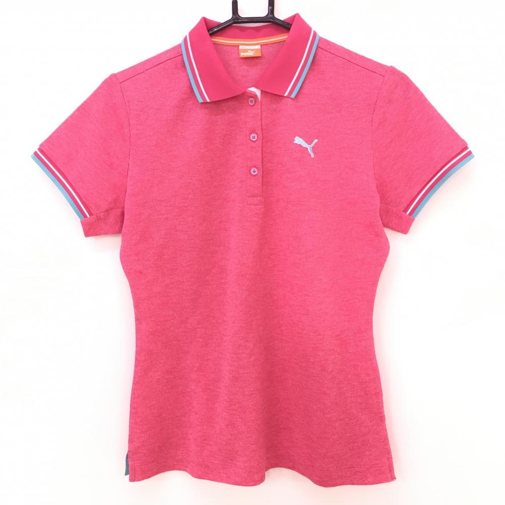 【超美品】プーマ 半袖ポロシャツ ピンク×ライトブルー リブライン レディース 0 ゴルフウェア PUMA