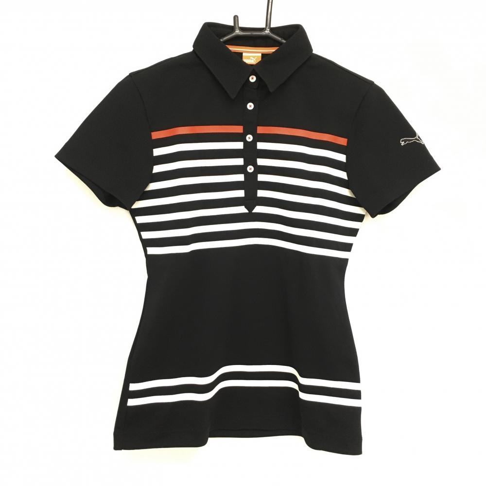 【超美品】プーマ 半袖ポロシャツ 黒×白 一部ボーダー 袖ロゴ刺しゅう  レディース O ゴルフウェア PUMA