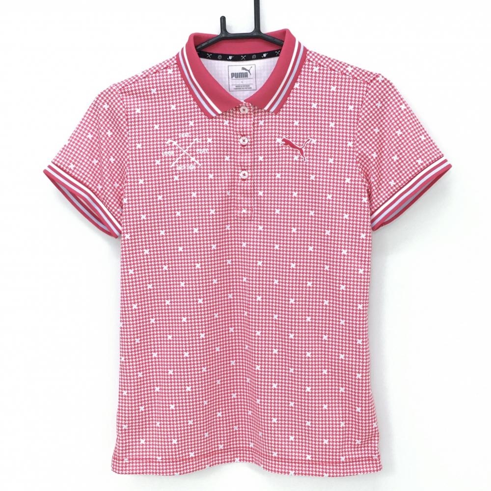 【超美品】プーマ 半袖ポロシャツ レッドピンク系×白 千鳥格子 襟・袖口ライン レディース L ゴルフウェア PUMA