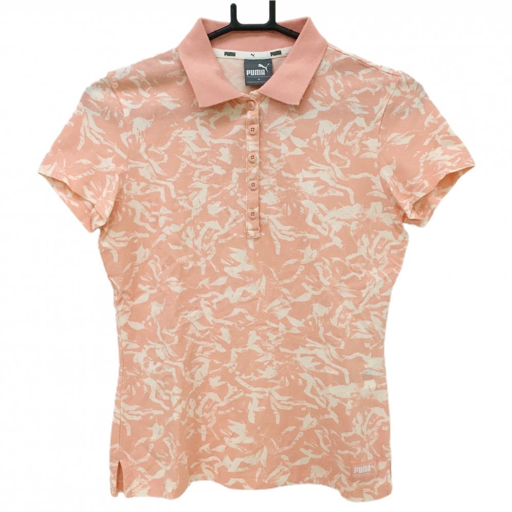 【美品】プーマ 半袖ポロシャツ サーモンオレンジ×白 総柄 レディース M ゴルフウェア PUMA