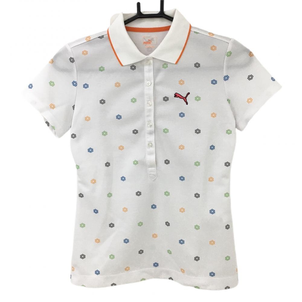 プーマ 半袖ポロシャツ 白×オレンジ 総柄 レディース S ゴルフウェア PUMA