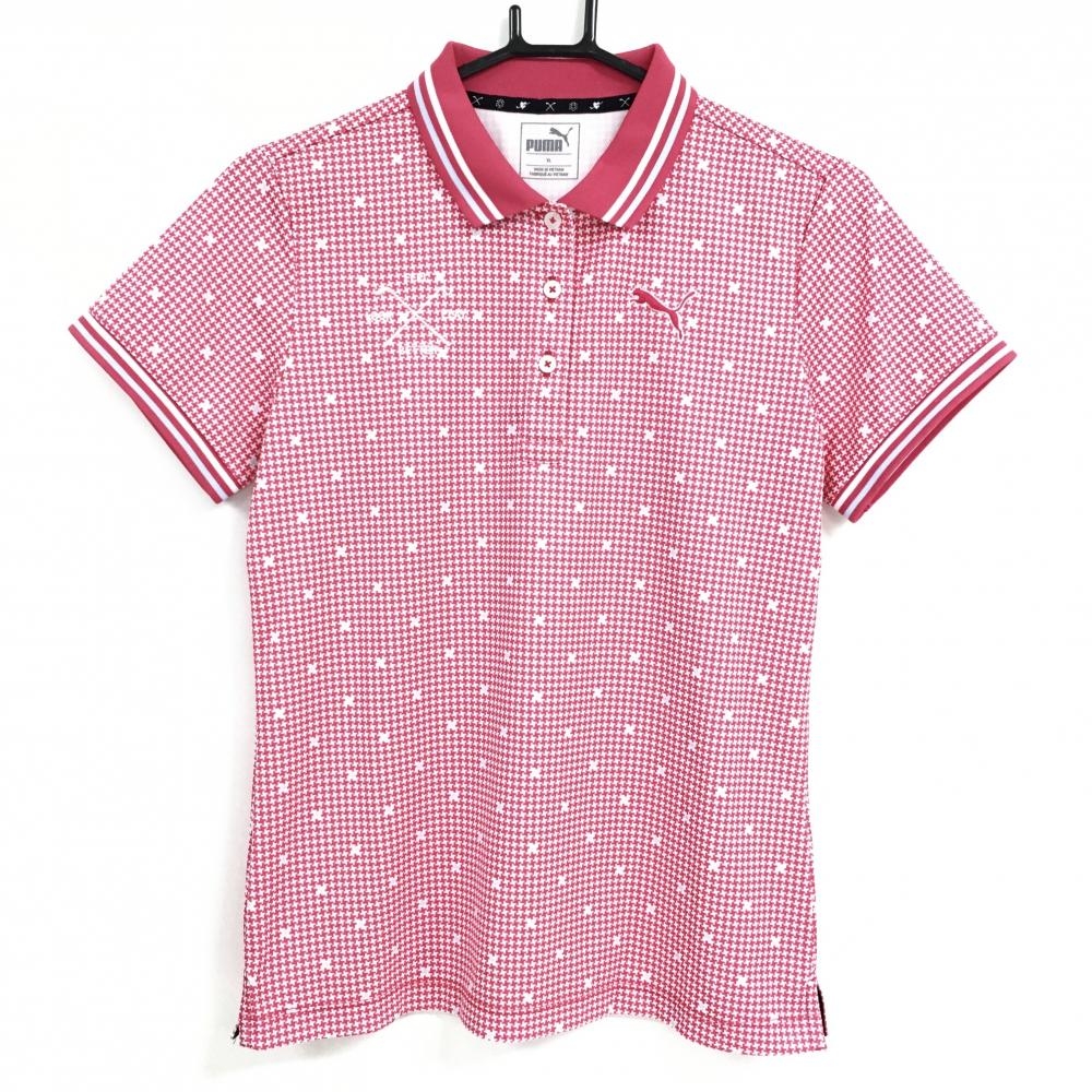 【超美品】プーマ 半袖ポロシャツ ピンク×白 総柄 ロゴ刺しゅう 襟・袖口ライン レディース XL ゴルフウェア PUMA