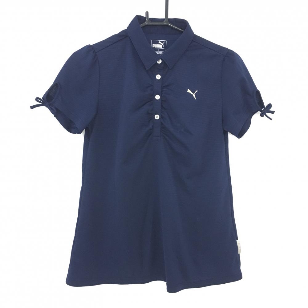 プーマ 半袖ポロシャツ ネイビー ボーダー織生地 袖口リボン  レディース L ゴルフウェア PUMA