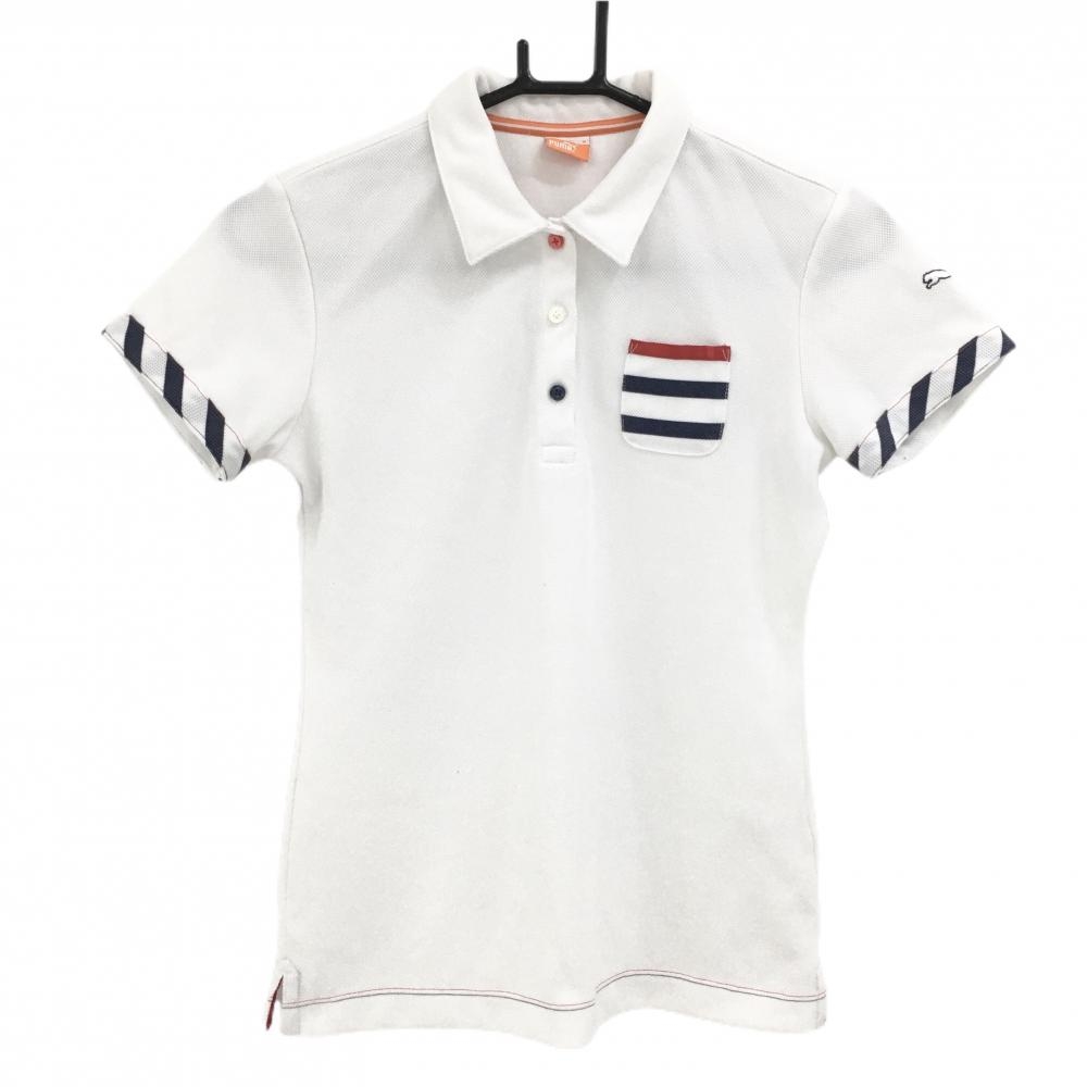 【美品】プーマ 半袖ポロシャツ 白×ネイビー 袖口斜めストライプ DRYCELL ボーダー胸ポケット レディース M ゴルフウェア PUMA
