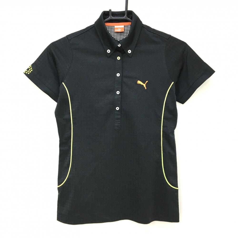 【超美品】プーマ 半袖ポロシャツ 黒×イエロー 地模様 サイドパイピングライン ロゴ刺しゅう レディース M ゴルフウェア PUMA