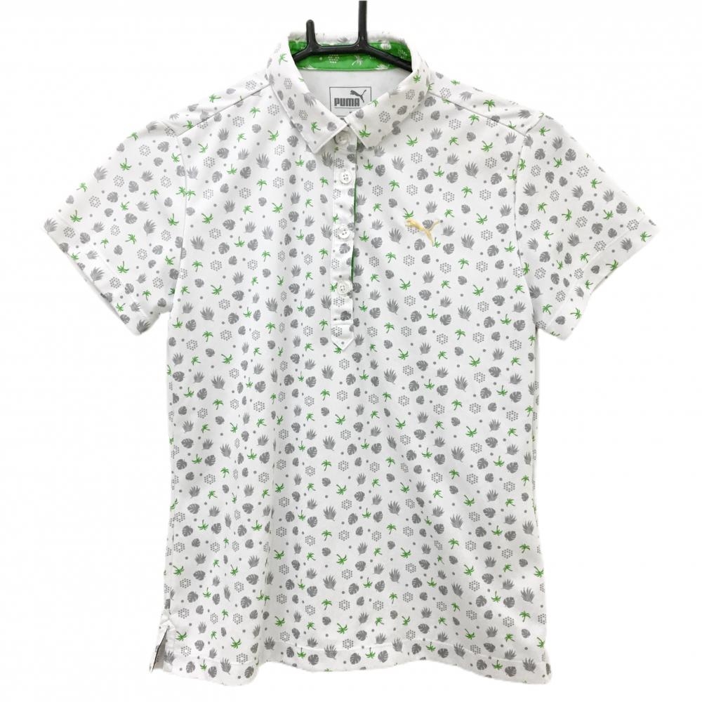 プーマ 半袖ポロシャツ 白×グレー×グリーン リーフ柄×ヤシの木柄 レディース M ゴルフウェア PUMA