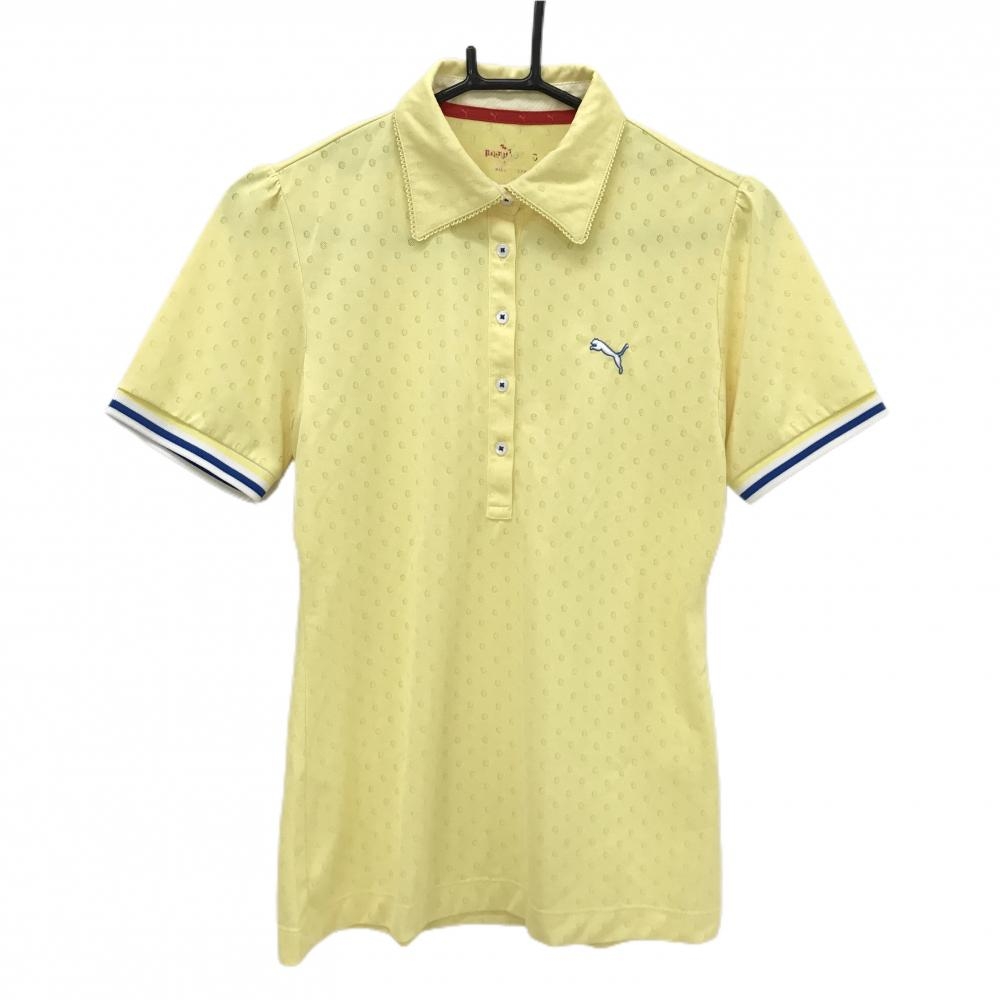 【美品】プーマ 半袖ポロシャツ イエロー ドット柄 袖ライン ロゴ刺しゅう レディース  ゴルフウェア PUMA