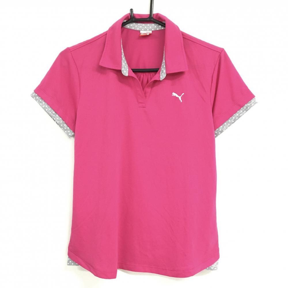 【超美品】プーマ 半袖スキッパーシャツ ピンク×グレー 一部ドット ロゴ刺しゅう レディース L ゴルフウェア PUMA