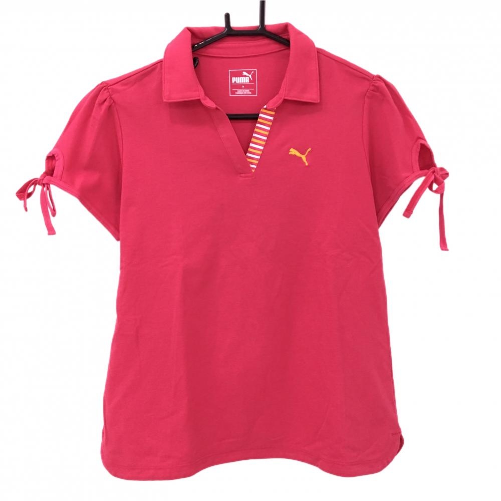 【美品】プーマ 半袖スキッパーシャツ ピンク ロゴ刺しゅう 前立てボーダー 袖口リボン レディース M ゴルフウェア PUMA