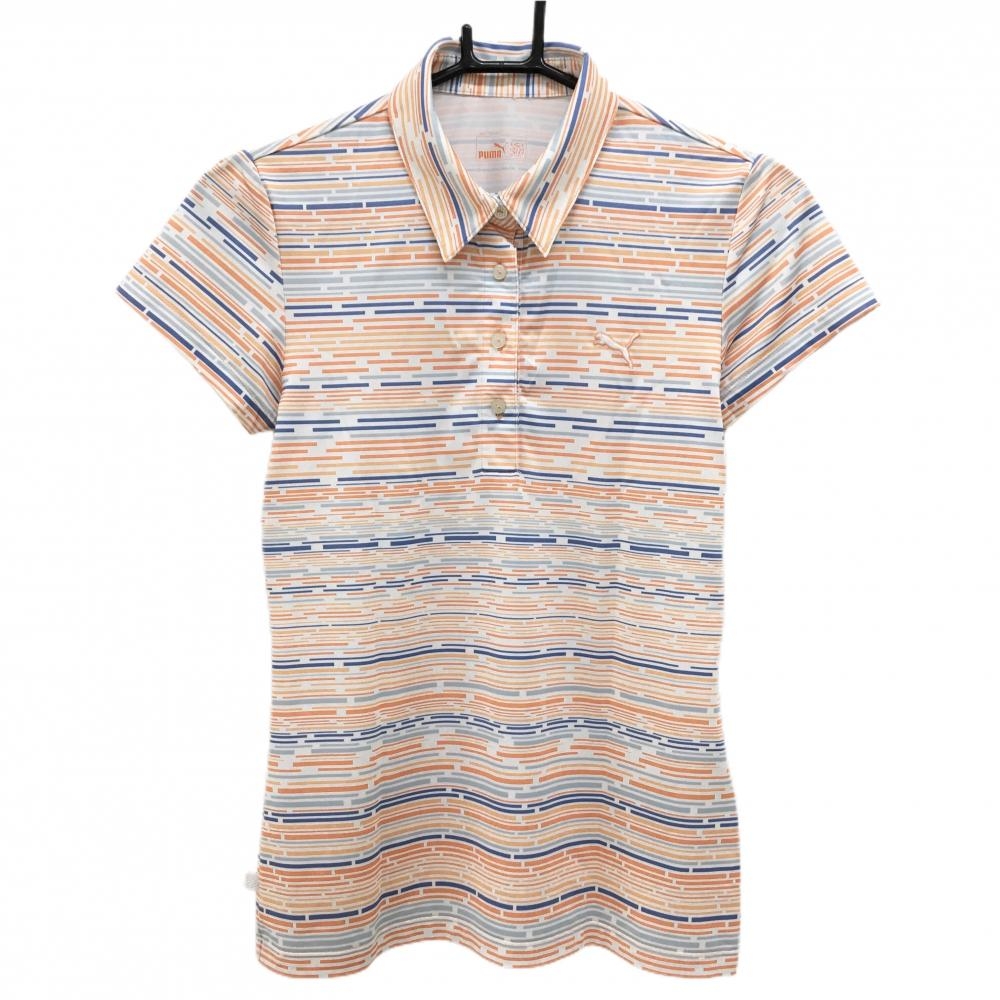 【超美品】プーマ 半袖ポロシャツ 白×オレンジ 総柄 ロゴ刺しゅう レディース US-S ゴルフウェア PUMA
