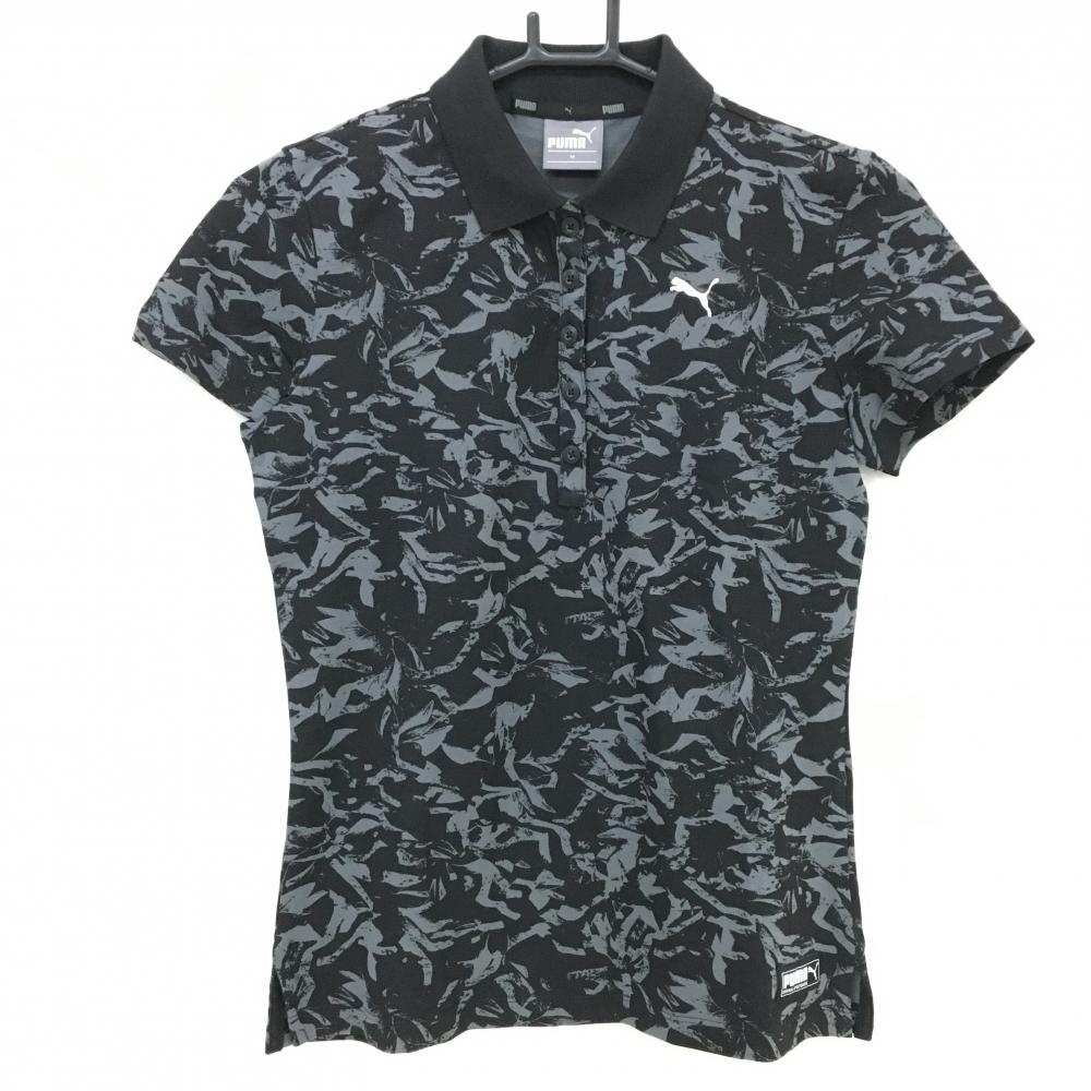 【美品】プーマ 半袖ポロシャツ 黒×グレー 総柄 レディース M ゴルフウェア PUMA