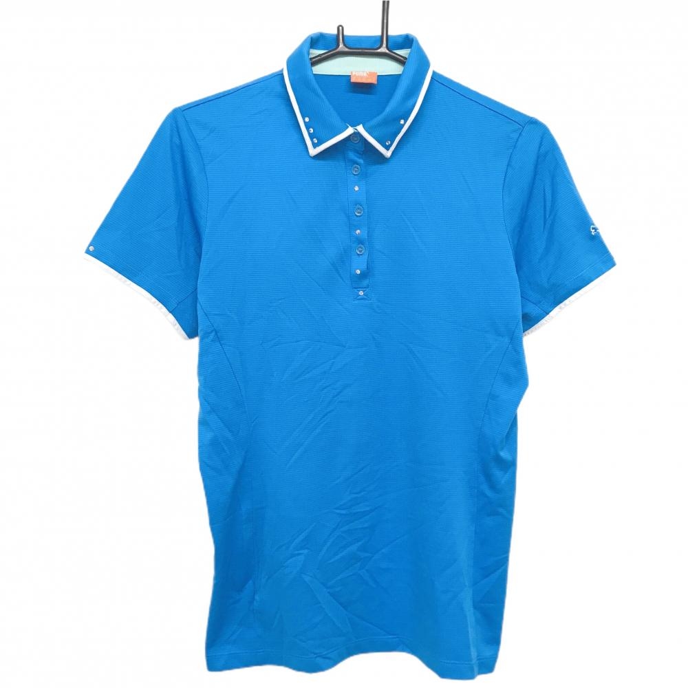 【美品】プーマ 半袖ポロシャツ ブルー×白 袖ロゴ ラインストーン レディース US　M ゴルフウェア PUMA