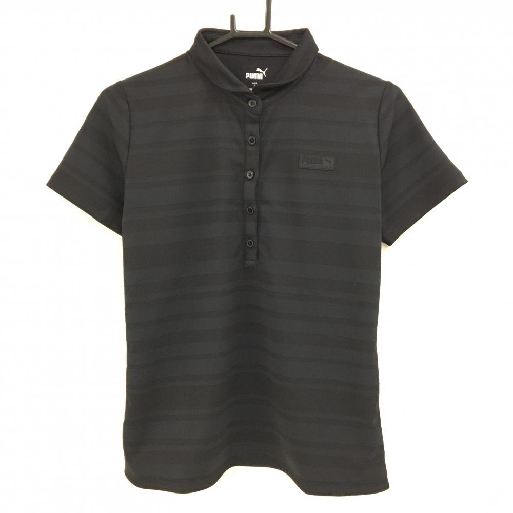 【超美品】プーマ 半袖ポロシャツ 黒 ボーダー地模様 ロゴワッペン レディース L ゴルフウェア PUMA