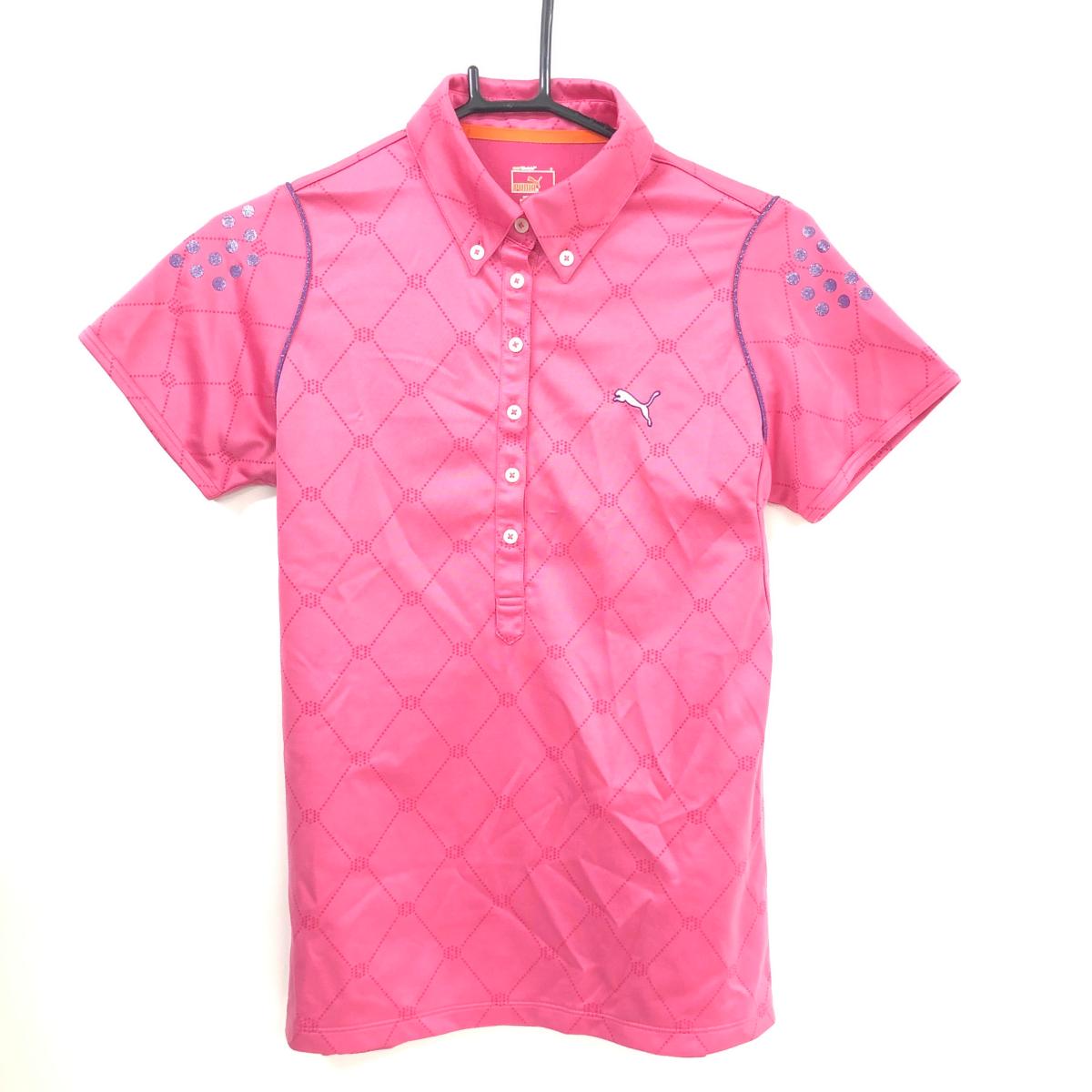 【美品】プーマ 半袖ポロシャツ ピンク×パープル 地模様 パイピングラインラメ ボタンダウン レディース O(XL) ゴルフウェア PUMA