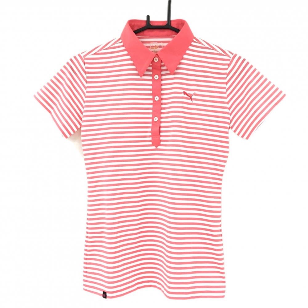 【美品】プーマ 半袖ポロシャツ 白×ピンク ボーダー 胸ロゴ  レディース M ゴルフウェア PUMA