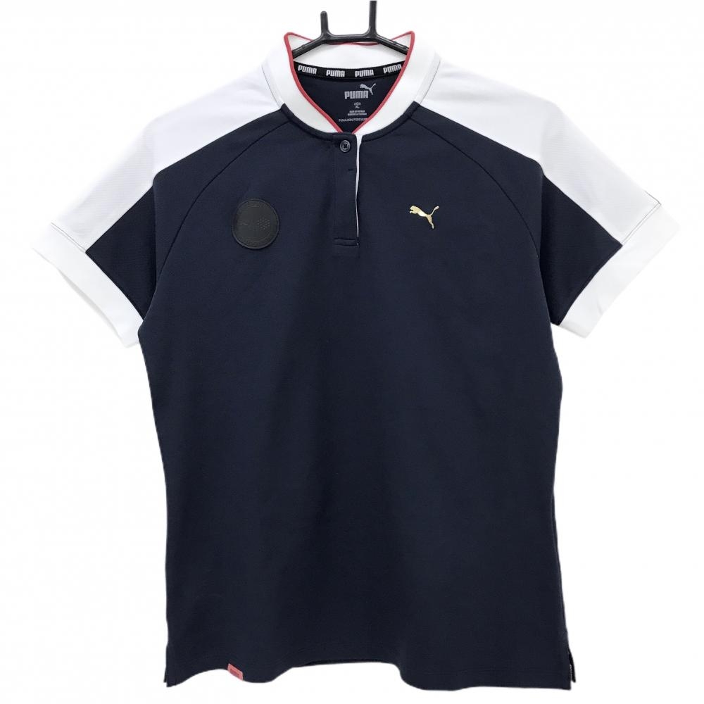 【超美品】プーマ 半袖ポロシャツ ネイビー×白 スタンドカラー DRYCELL レディース XL ゴルフウェア PUMA