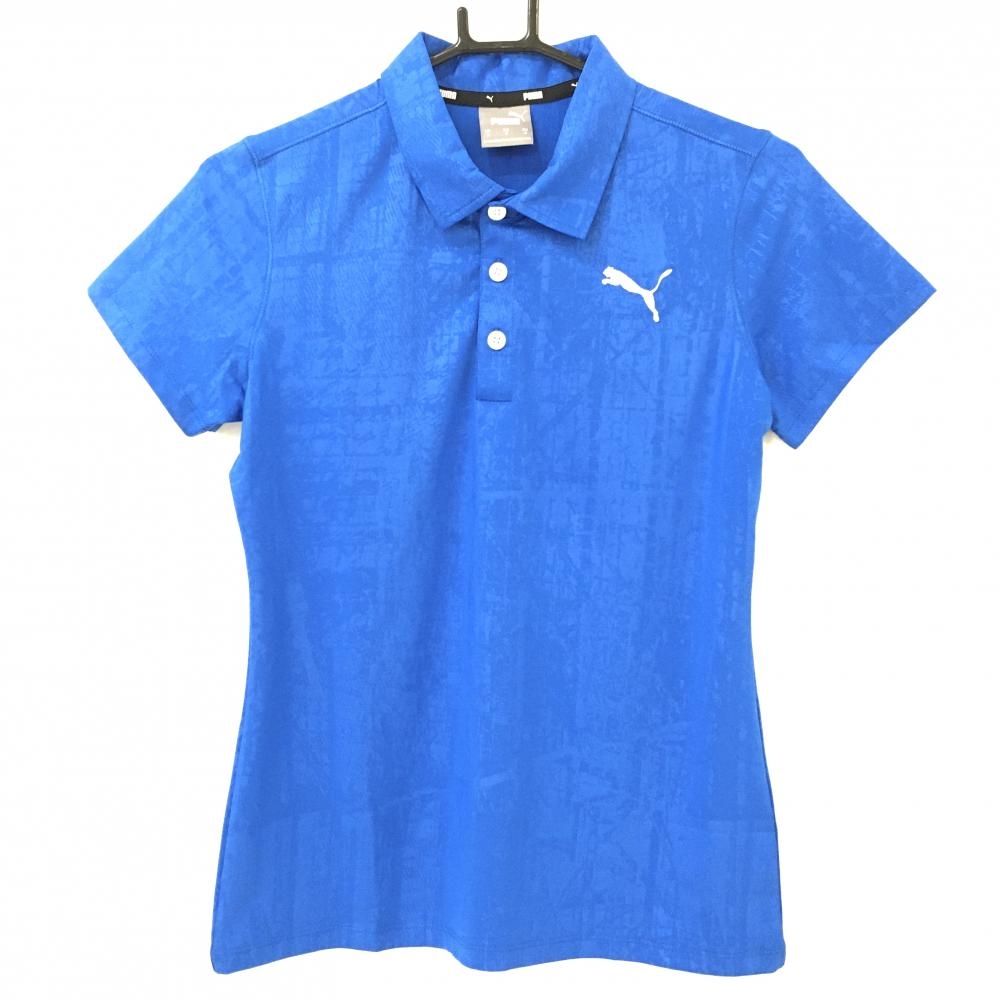 【超美品】プーマ 半袖ポロシャツ ブルー 総柄地模様 ロゴ白 レディース US-M ゴルフウェア PUMA