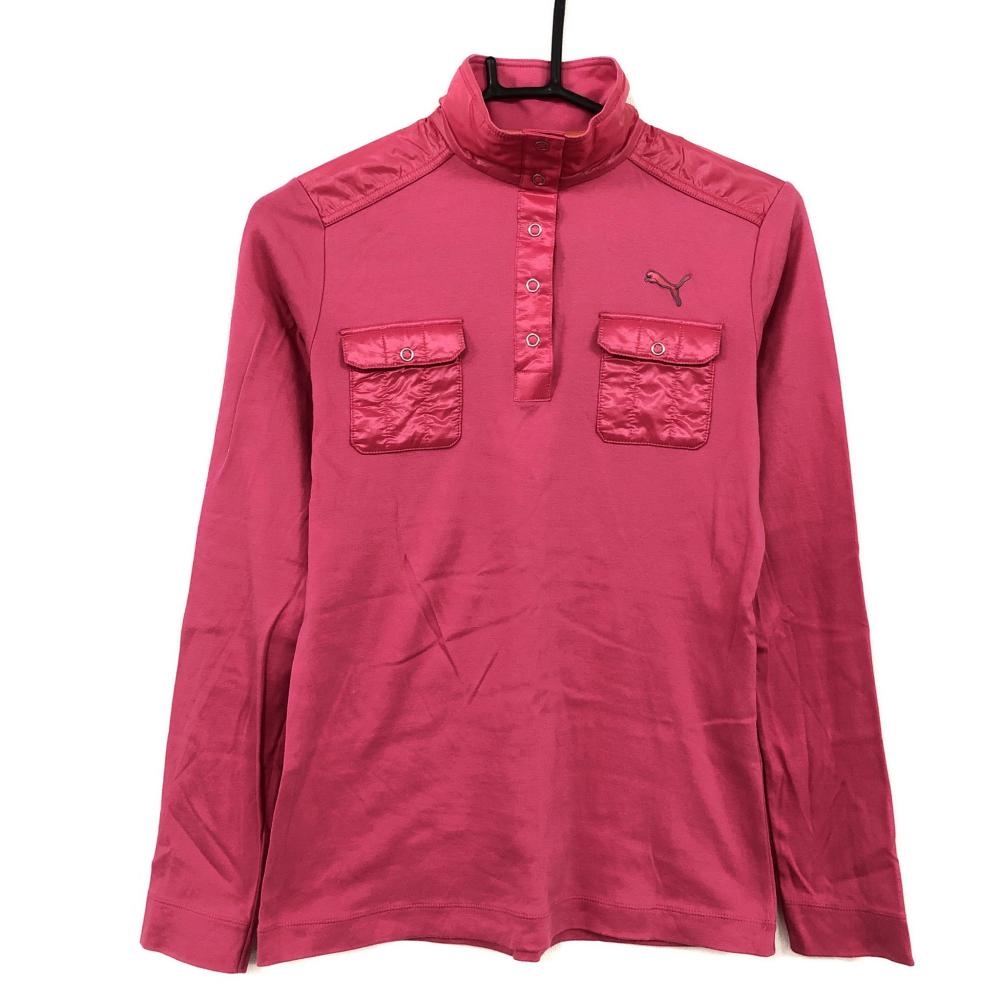 【美品】PUMA プーマ 異素材長袖ポロシャツ ピンク 胸ポケット シンプル レディース L ゴルフウェア