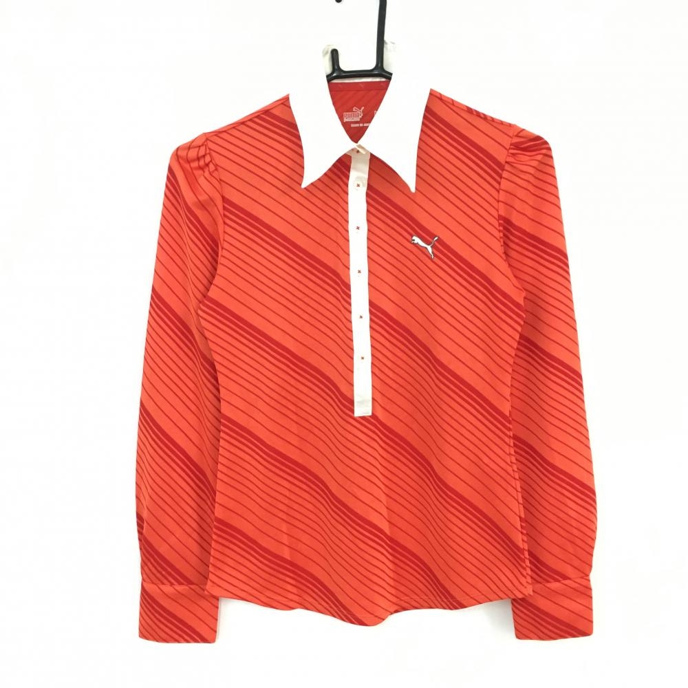 PUMA プーマ 長袖ポロシャツ オレンジ×レッド 斜めストライプ 総柄 レディース M ゴルフウェア