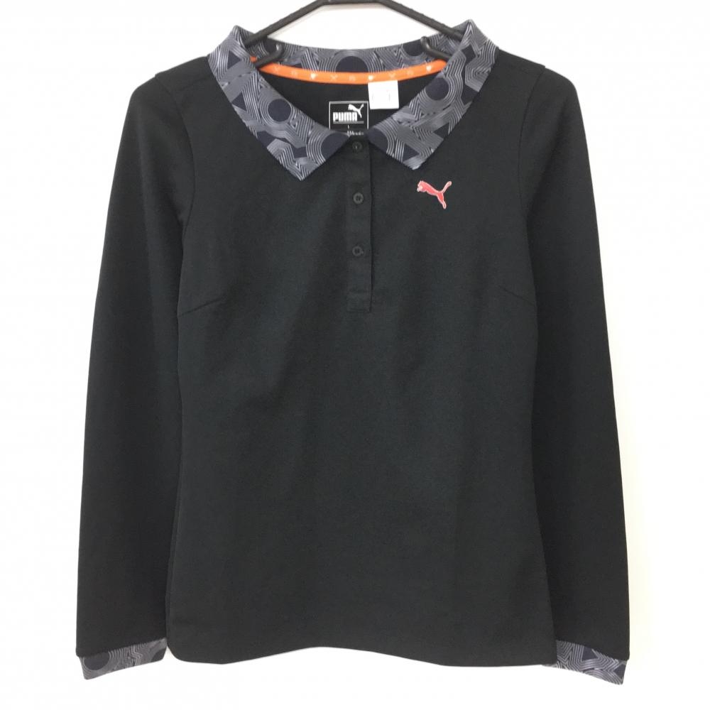 【超美品】PUMA プーマ 長袖ポロシャツ 黒×グレー 襟・袖口総柄  レディース L ゴルフウェア